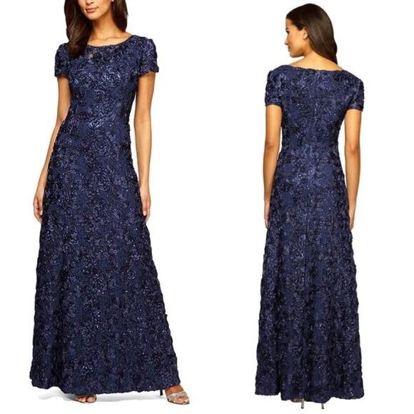 Alex Evenings Rosette Lace Sequin Short Sleeve A-Line Gown Navy Size 14P NWT - Picture 1 of 8